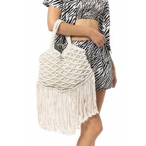 Lusana Resort Boho Fringe Crochet Bag Pearl Ivory Open Weave Unlined NWT